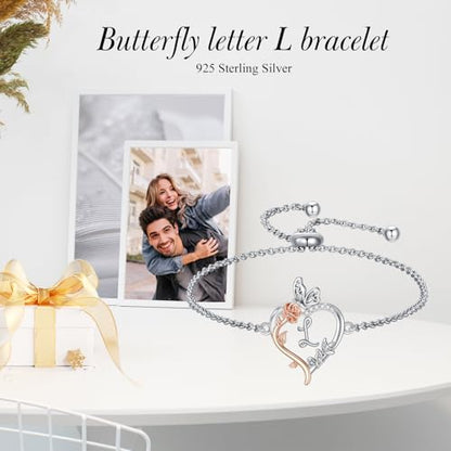 TOUPOP Gifts for Women Rose Heart Initial Bracelet 925 Sterling Silver Butterfly Letter Link Bracelet Love Jewelry Anniversary Birthday Gifts for Wife Girlfriend Mom Her - style: Initial L