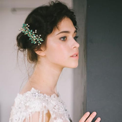 Green Crystal Bride Wedding Hair Side Comb Green Leaf Rhinestone Gold Hair Vine Rhinestone Bride Headpiece Jewelry Wedding Hair Accessories for Women