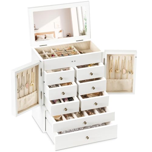 Emfogo Jewelry Box for Women Wooden Jewelry Boxes & Organizers 5-Layer Rustic Large Jewelry Organizer Box with Mirror & 8 Drawers for Rings Earrings Necklaces Bracelets Women Girls Gifts - color: Weathered White