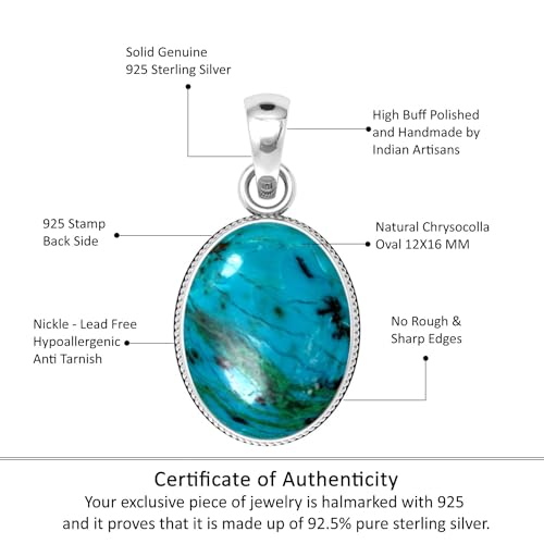 Chunky Natural Gemstone Pendant Necklace For Women Onyx, Turquoise, Amber, Garnet Oval Boho Genuine 925 Sterling Silver Handmade Jewelry - color: Chrysocolla