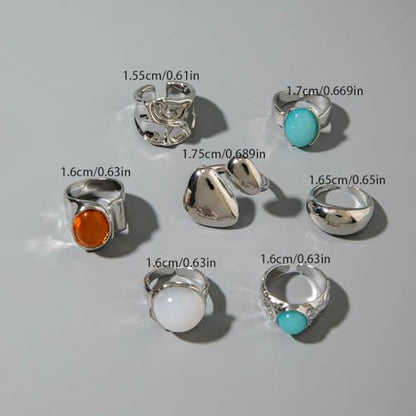 Chunky Gemstone Rings for Women Gold Silver Chunky Rings Set Adjustable Thick Statement Ring Trendy Fashion Silver Jewelry - style: BSilver