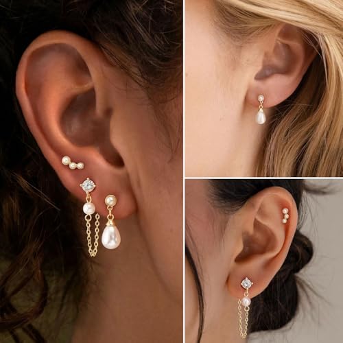 Pearl Earrings - 14k Gold or White Gold Plated Sparkle Cubic Zirconia Dainty Pearl Stud Earrings for Women Wedding Party Bridal - color: gold ear stack