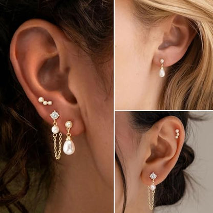 Pearl Earrings - 14k Gold or White Gold Plated Sparkle Cubic Zirconia Dainty Pearl Stud Earrings for Women Wedding Party Bridal - color: gold ear stack
