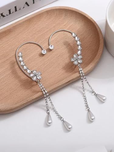 2PCS Flower Tassel Zircon Earrings Ear Cuffs No Piercing Flower Climber Wrap Around Earrings Pearl Drop Earrings for Women Fairy Ear Clip Dainty Wedding Earrings for Brides - color: Style 4 - Silver
