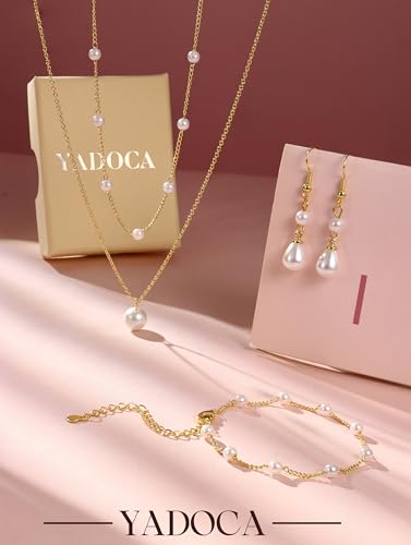 YADOCA Gold Pearl Jewelry Set for Women Bride Bridal Bridesmaid jewelry | 16K Gold Plated Pearl Layered Choker Necklace Earring Bracelets Set Dainty Wedding jewelry Set Gifts - style: Style-B