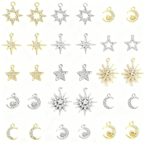 Celestial Charm Jewelry Set, 60pcs Sun Moon Star Pendants in Silver & Gold for DIY Necklace, Earrings, Bracelets – Perfect for Crafting & Jewelry Making