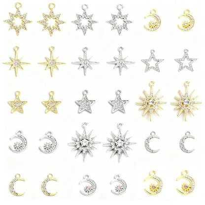 Celestial Charm Jewelry Set, 60pcs Sun Moon Star Pendants in Silver & Gold for DIY Necklace, Earrings, Bracelets – Perfect for Crafting & Jewelry Making
