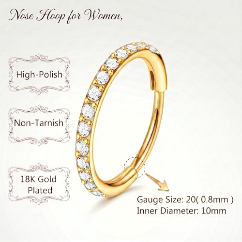 Staligue Nose Hoop ring - 316L Surgical Steel Nose Ring 16/18/20G Hinged Diamond Nose Ring Hoop Septum Clicker Rings Cartilage Earring Helix Rook Tragus Daith Piercing Jewelry for Women 6MM/8MM/10MM/12MM - color: Gold, size: 20G-10MM