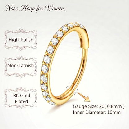 Staligue Nose Hoop ring - 316L Surgical Steel Nose Ring 16/18/20G Hinged Diamond Nose Ring Hoop Septum Clicker Rings Cartilage Earring Helix Rook Tragus Daith Piercing Jewelry for Women 6MM/8MM/10MM/12MM - color: Gold, size: 20G-10MM