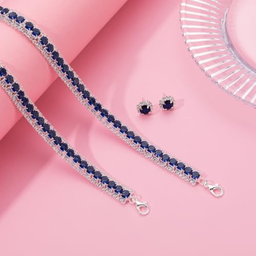 Women Rhinestone Crystal Jewelry Set Crystal Tennis Design Rhinestone Choker Necklace Link Bracelet Teardrop Earrings Set Wedding Bridal Bridesmaids Party - color: Silver Plated Blue Crystal（2）