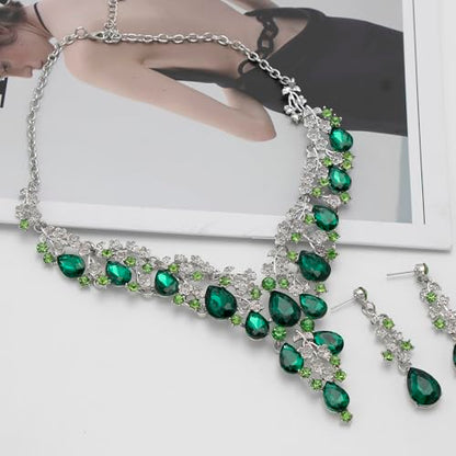 Bridal Bridesmaid Austrian Crystal Jewelry Set, Floarl rhinestone Statement Neckace Teardrop Necklace Drop Dangle Earrings Set - color: Emerald-Silver Tone