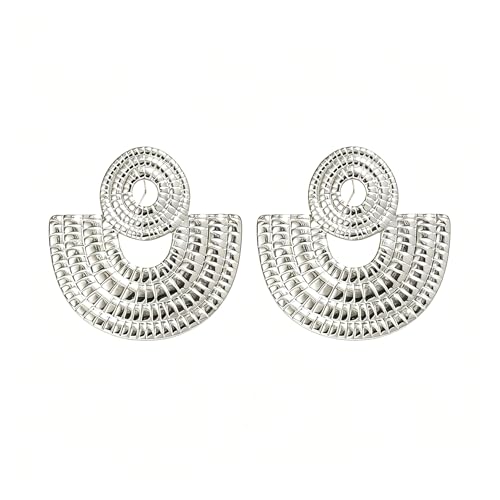 Gold Statement Earrings For Women, 14K Gold Plated Textured Geometric Drop Earrings - Hypoallergenic Stainless Steel Statement Earrings for Women, Waterproof Fan-Shaped Dangle Earrings for Beach & Daily Wear - color: Fan Silver DKE252046S