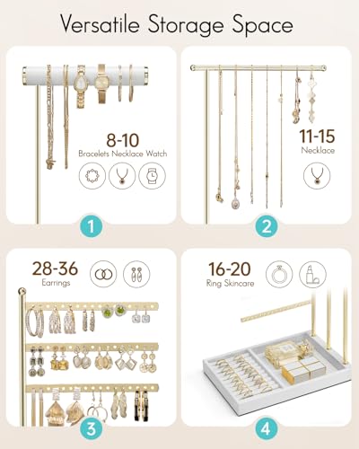 VLANDO Jewelry Stand Organizer with Ring Holder Tray, Necklace and Earring Storage for Bracelets, Watches and Rings, PU Leather Covered Wooden Tray with Gold Metal Frame - White - color: White