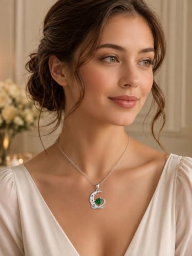 Birthstone Necklace for Women White Gold Moon and Star Pendant Moon Jewelry Anniversary Birthday Gifts for Mom Wife Her - color: 05. May - Emerald