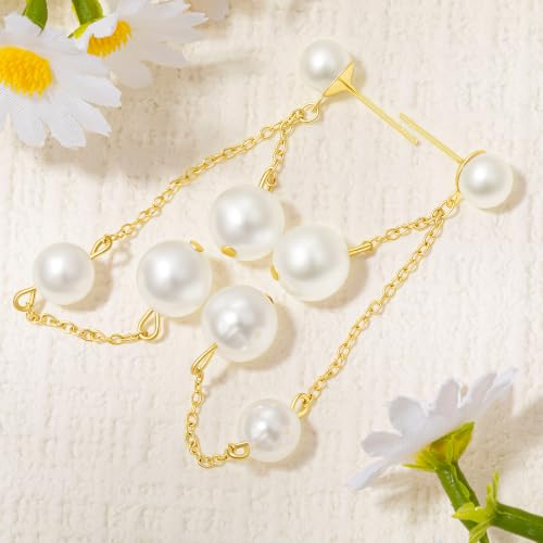 Long Chain Pearl Dangle Earrings for Women | 4Pcs Pearls, 14K Gold Plated, Dainty Tassel Drop, Lightweight Pearl Dangly Earring, Wedding Jewelry Gifts - color: Gold-Round