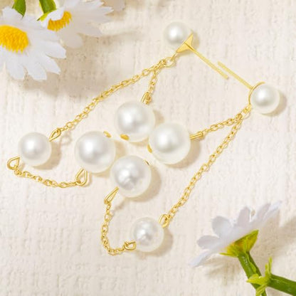 Long Chain Pearl Dangle Earrings for Women | 4Pcs Pearls, 14K Gold Plated, Dainty Tassel Drop, Lightweight Pearl Dangly Earring, Wedding Jewelry Gifts - color: Gold-Round
