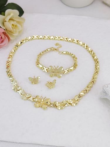 Women's Gold wedding Jewelry Set Tricolor Hugs Kisses Heart necklace set - color: Butterfly heart set