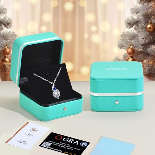 ANDSO Heart Moissanite Necklaces Birthday Jewelry Gifts for Women | S925 Silver /Gold Plating Birthstone Necklace, Ideal Anniversary Christmas Valentine Present for Mom Wife Her Girlfriend - style: Silver-2 Carat-Sapphire Royal Blue
