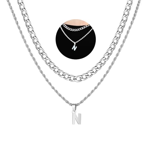 SENRAN Layered Initial A-Z Letter Necklace for Men Stainless Steel | Figaro Twist Rope Chain 18-20 inch Personalized Letter Charm Pendant Jewelry Gift for Women - style: N.