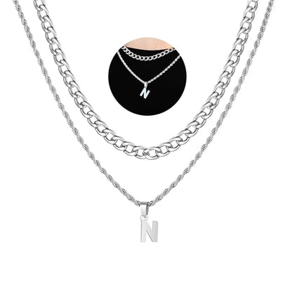 SENRAN Layered Initial A-Z Letter Necklace for Men Stainless Steel | Figaro Twist Rope Chain 18-20 inch Personalized Letter Charm Pendant Jewelry Gift for Women - style: N.