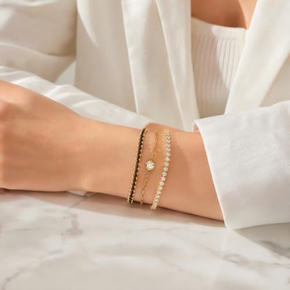 14K Gold Plated Bracelets for Women 2 Pcs Set - Red String & Cubic Zirconia Tennis Bracelet, Layered Stackable Adjustable Wristbands, Hypoallergenic Handmade Jewelry Gifts for Mom Wife Her - color: black