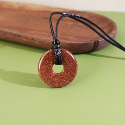 Anjiucc Natural Gemstone Pendant Necklce Lucky Coin Crystal Necklace Donut Pendnat with Adjustable Rope Healing Crystal for Men - color: Golden Sandstone