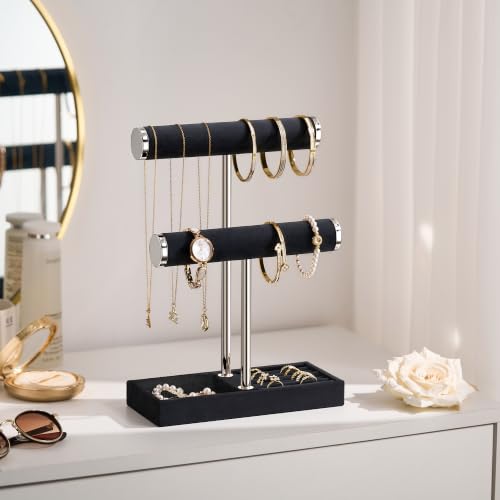 bussdis 2 Tier Bracelet Holder Display, Necklace Holder Organizer, BK/SL | Velvet Necklace Holder | Jewelry Tree | Jewelry Towers | Jewelry Stand Organizer for Necklaces, Bracelets, Earrings, Rings - color: Black and Silver