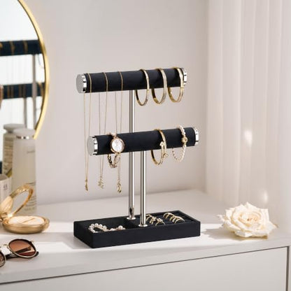 bussdis 2 Tier Bracelet Holder Display, Necklace Holder Organizer, BK/SL | Velvet Necklace Holder | Jewelry Tree | Jewelry Towers | Jewelry Stand Organizer for Necklaces, Bracelets, Earrings, Rings - color: Black and Silver