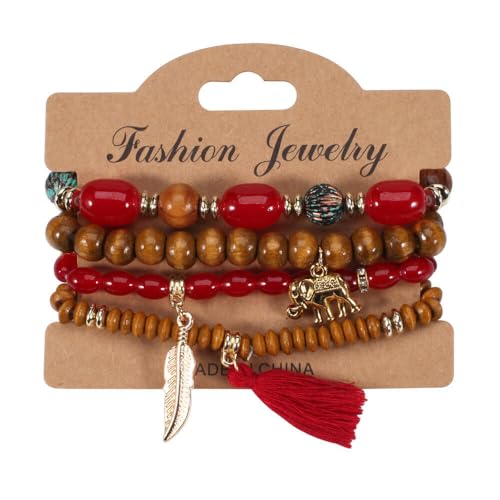 4Pcs Bohemia Multilayer Stackable Elephant Leaf Tassel Bracelets Colorful Wooden Resin Beaded Stretch Bracelets for Women Men Summer Beach Boho Vacation Hawaii Jewelry Gifts - style: StyleF