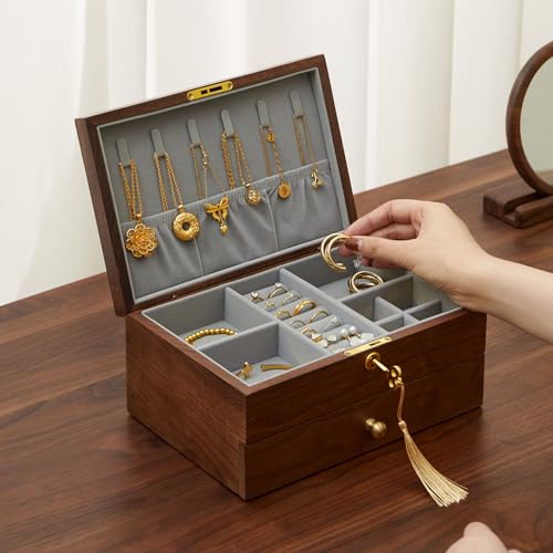 Jewelry Box Organizer for Women & Men 2-Layer Lockable | Wooden with Velvet Lining, Black Walnut Double Layer, Earring Ring Necklace Organizer, Lock & Key, Brass Handles - style: 2-layer lockable