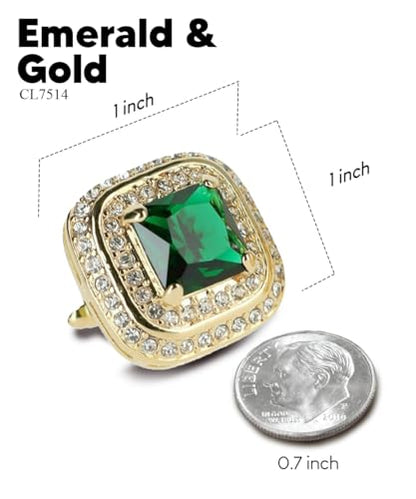 Square Colored Crystal Double Diamond Set Cufflinks - color: Emerald/Gold
