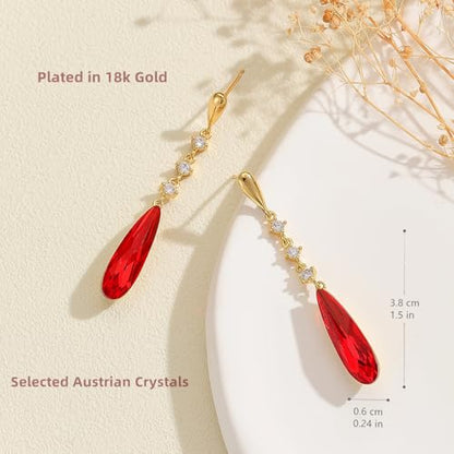 VONSSY Austrian Crystal Teardrop Drop Dangle Earrings Gold Plated Silver Post Zircon Gemstone Jewelry Gift for Woman Girlfriend Mom Wife - color: Red