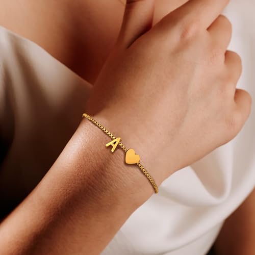 Gold Initial Bracelet for Women Dainty Personalized Name Bracelet | 14K Gold Plated, Letter A-Z Bracelet, Tiny Gold Initial Cute Heart Bracelet Jewelry Gift - color: L
