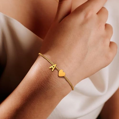 Gold Initial Bracelet for Women Dainty Personalized Name Bracelet | 14K Gold Plated, Letter A-Z Bracelet, Tiny Gold Initial Cute Heart Bracelet Jewelry Gift - color: L