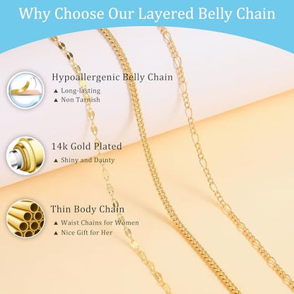 CHESKY 14K Gold Plated Waist Chain for Women, Layered Waist Beads | Silver Plated Gold Body Chains, Beach Summer, Waterproof Snake Belly Belt Chain, Festival Jewelry Accessories for Women - style: 3layer-gd