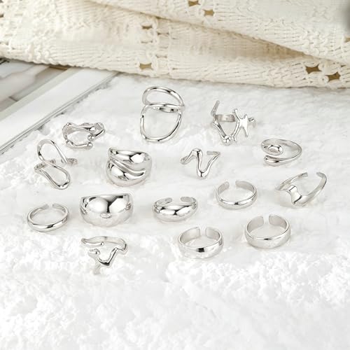Chunky Rings for Women Non Tarnish 14k Stackable Dome Statement Rings Sets Vintage Dainty Knuckle Open Midi Finger Rings Jewelry Pack Gifts - style: Silvery 15PCS