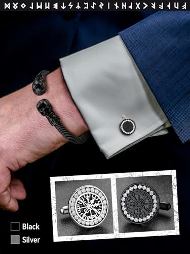 FaithHeart Mens Cufflinks, Norse Viking Tuxedo Shirt Cuff Links, Stainless Steel Cuff Links and Shirt Studs, Gift Box - style: 01. Compass CZ-Black
