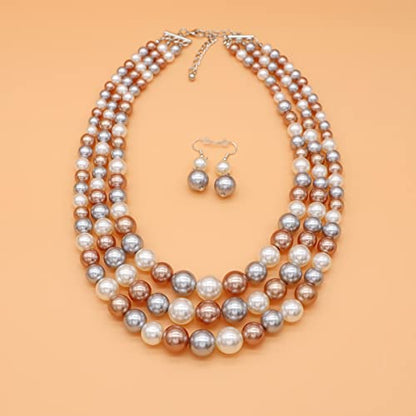 Chunky Layered Imitation Pearl Necklace for Women 3 strand Pearl Necklaces Faux Pearl Necklace Earrings Set 1920s Flapper Gatsby Costume Accessories - color: 3 strand pearl necklace champagne grey white