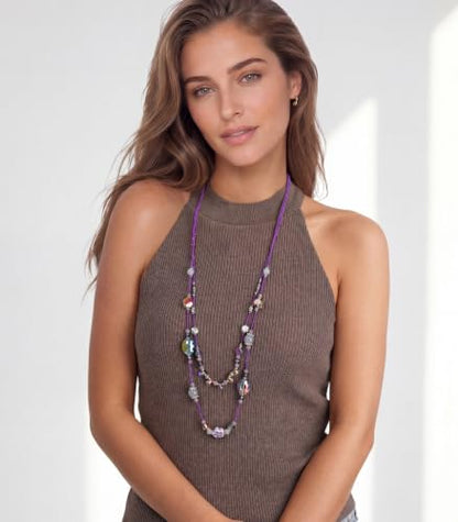 FULU AUTUMN Long Layered Beaded Necklaces for Women Statement Double Bead Strand Ceramic Flower Boho Jewelry Gifts for Mom - color: Purple