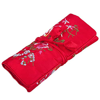 TUMBEELLUWA Embroidery Travel Jewelry Bag Roll Embroidered Flower and Bird Brocade Organizer with Tie Close - color: #5 Red