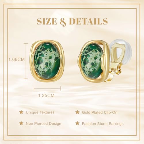 YOQUCOL Natural Stone Trendy Clip On Stud Earrings for Women Gold Plated Non Pierced Statement Earrings Fashion Jewelry - color: Oval-Emerald Green