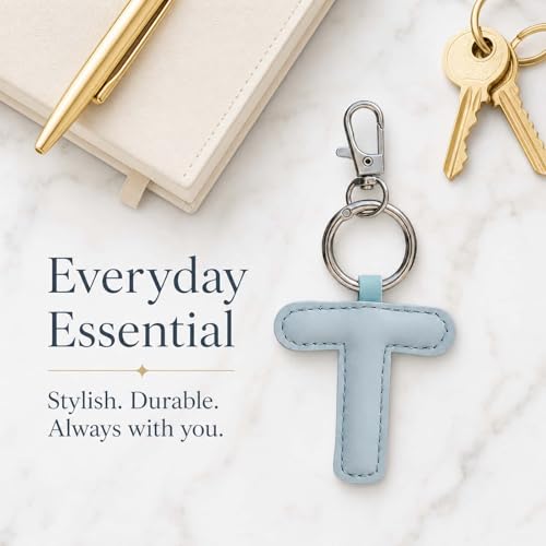 Initial Letter Keychain,Stainless Steel,Colorful Faux Leather Keyring for Backpack,Purse,Car Keys,Gift for Men Women - color: T