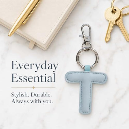 Initial Letter Keychain,Stainless Steel,Colorful Faux Leather Keyring for Backpack,Purse,Car Keys,Gift for Men Women - color: T