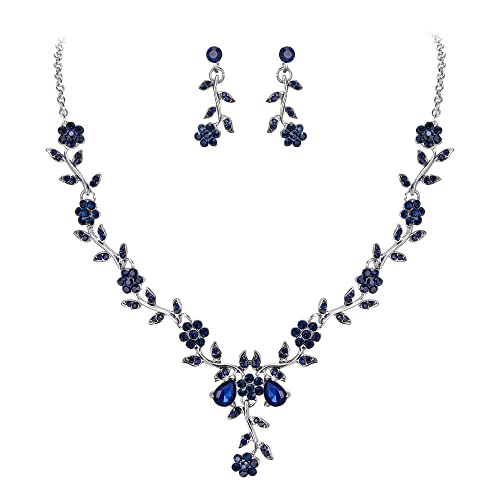 Women's Wedding Jewelry Set for Bride,Prom Bridal Accessories | Bling Crystal,Flower Leaf Cluster,Dangle Earrings Pendant Necklace Set,for Bridesmaid,Party Jewellery - color: 18-Navy Blue Silver-Tone