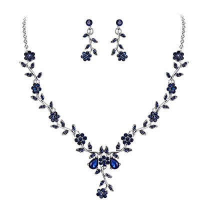 Women's Wedding Jewelry Set for Bride,Prom Bridal Accessories | Bling Crystal,Flower Leaf Cluster,Dangle Earrings Pendant Necklace Set,for Bridesmaid,Party Jewellery - color: 18-Navy Blue Silver-Tone