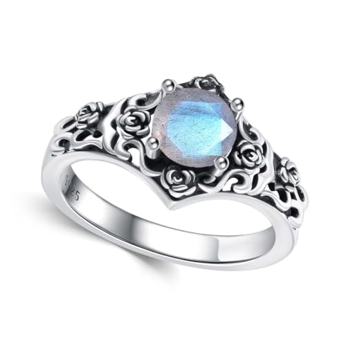 Vintage Rose Filigree 1 Carat Round Cut Genuine or Lab Grown Gemstone Statement Ring 925 Sterling Silver Birthstone Oxidized Anniversary Promise Ring for Women Gifts Size 5-18 - color: Labradorite
