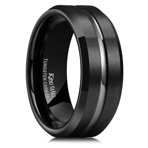 King Will Tungsten Carbide Wedding Band for Men Women-6/8/10mm Width Multicolor Available with Grooved Center Wedding Ring Suitable for Work, Gym Comfort Fit Size 4-16 - color: A-Black-8mm