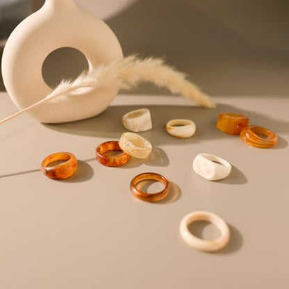 Resin Acrylic Plastic Stackable Rings for Women | Statement Chunky, Trendy Colorful, Knuckle Jewelry, Dome Thick Rings, Bulk Set - color: GreenBrown