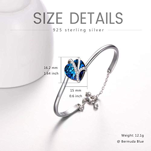 AOBOCO I Love You Jewelry - Sterling Silver Blue Purple Love Heart Bangle Bracelet Embellished with Crystals from Austria, Fine Anniversary Birthday Jewelry Gifts for Women - style: 02 Blue Bracelet
