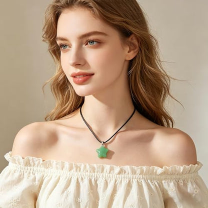 Natural Gemstone Simple Star Choker Necklace for Women, Minimalist Star Pendant Necklaces Adjustable Wax Chain - color: Green Aventurine